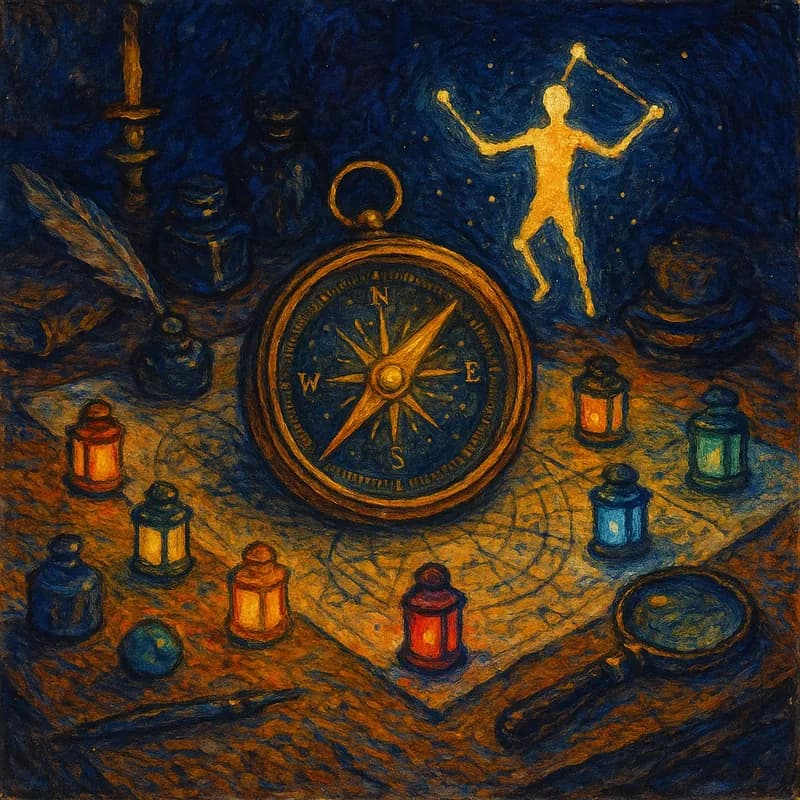 Van Gogh style painting of a golden compass on antique maps and star charts, representing career exploration and finding direction