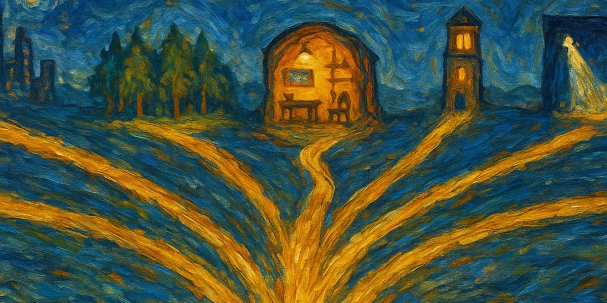 Golden pathways branching toward different career destinations — a visual metaphor for discovering your ideal career