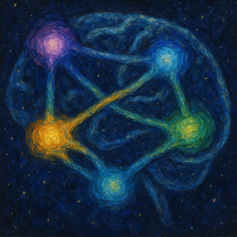 Abstract neural network with five glowing nodes representing Big Five personality traits and their connections to depression