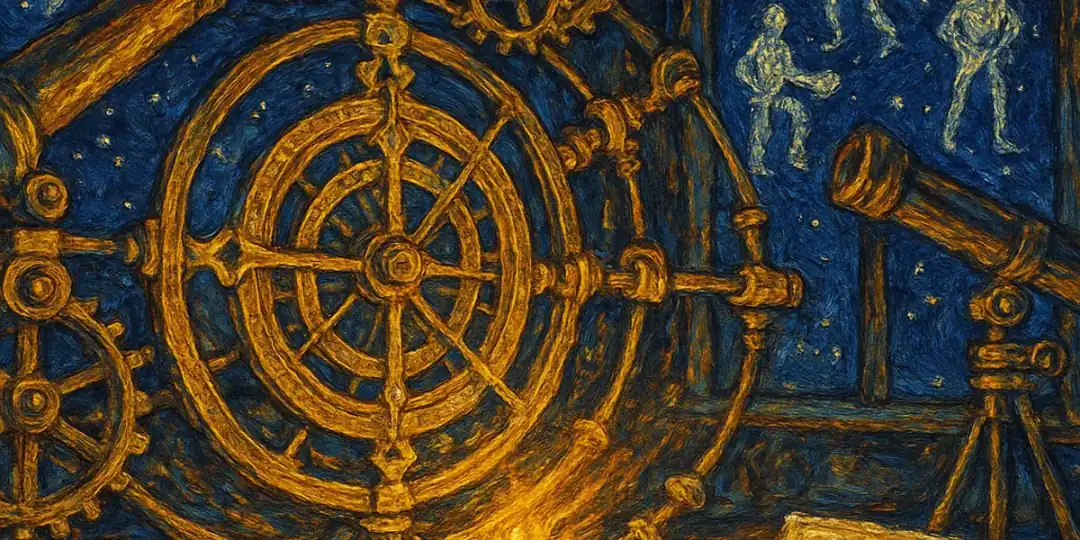 Van Gogh style painting of interconnected instruments in an observatory workshop — representing the unified hiring assessment workflow