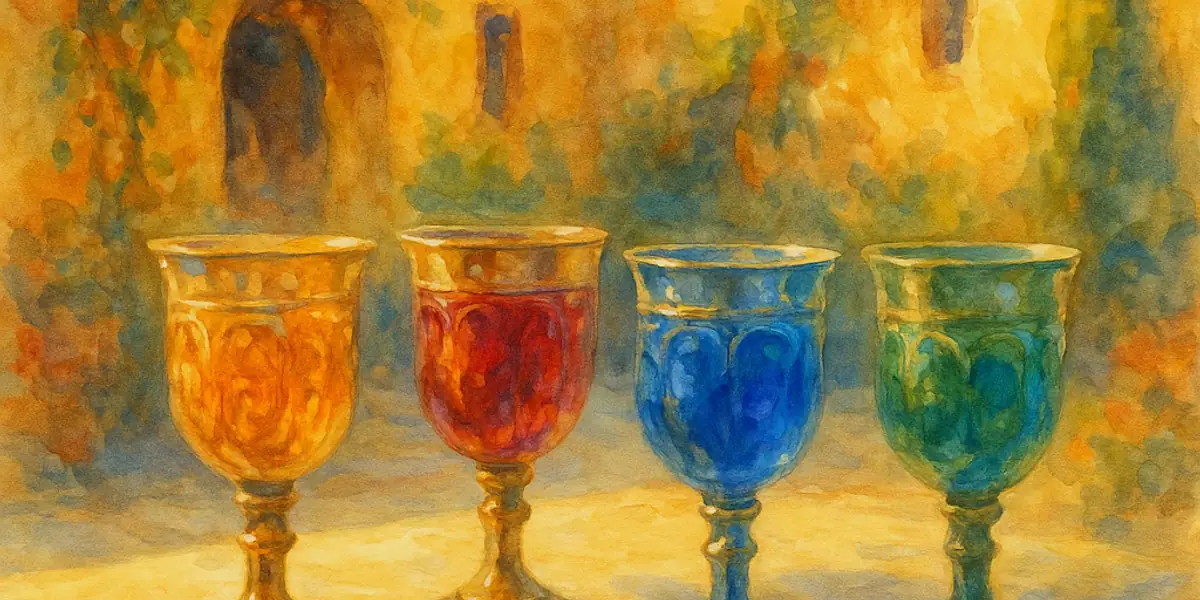 The four temperaments — four ornate goblets in amber, ruby, sapphire, and emerald