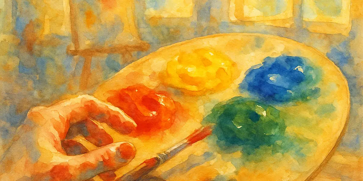 Color personality test — an artist's palette with four bold paint colours in a sunlit studio