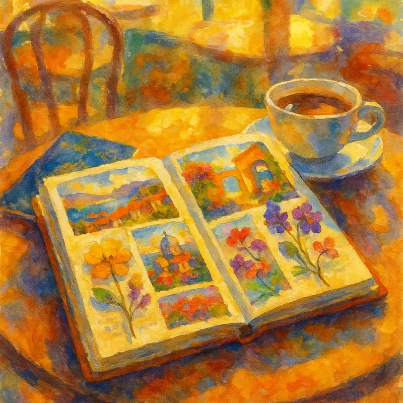 ENFP personality type ENFP personality type — a colourful travel journal filled with sketches and postcards