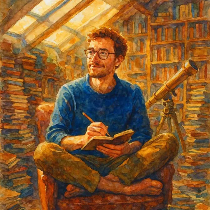 INTP personality type portrait INTP personality type — a curious thinker surrounded by books and half-built inventions, Van Gogh watercolour style