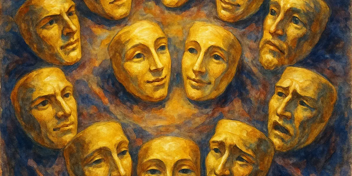 Personality archetypes — twelve golden masks with distinct expressions on dark velvet
