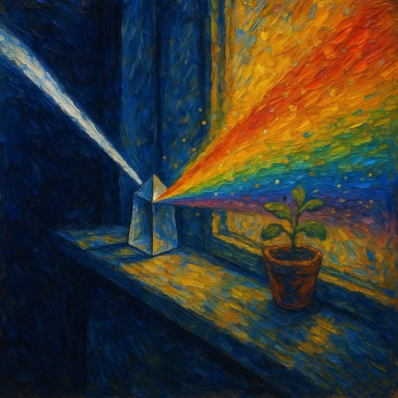 Van Gogh style painting of a glass prism splitting light into a rainbow spectrum, representing how optimism and pessimism filter reality