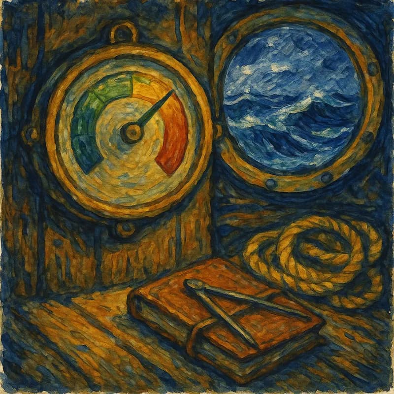 Van Gogh style painting of an antique brass pressure gauge measuring stress levels from calm green to intense red