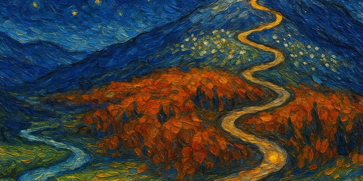 A winding mountain trail ascending through landscape zones toward a luminous summit — a visual metaphor for life goals and purpose