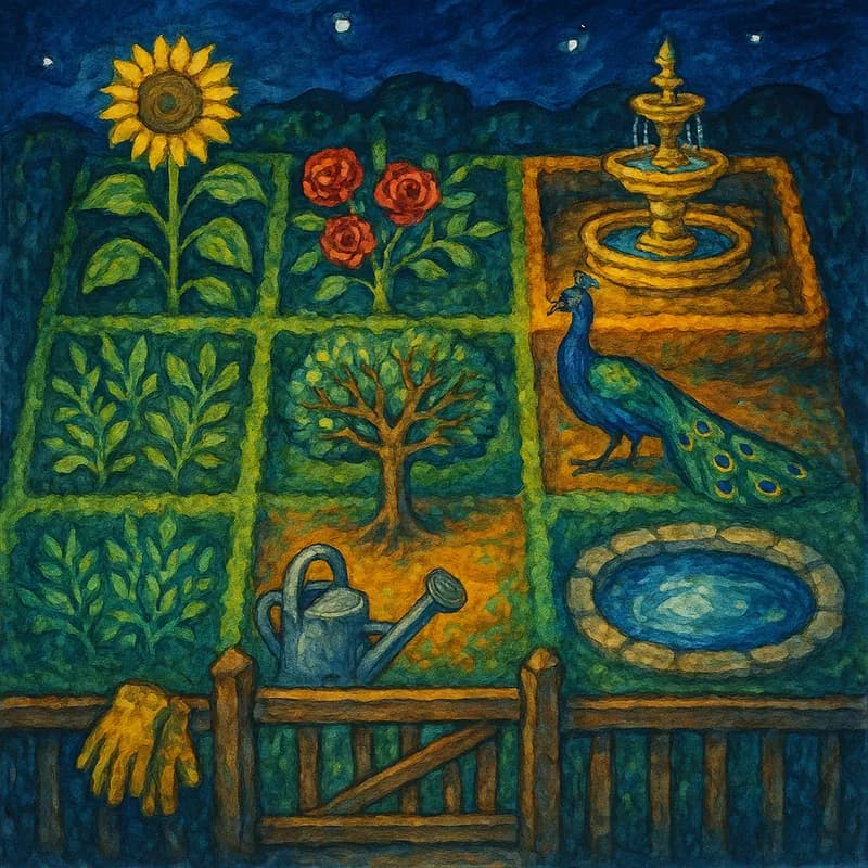 Van Gogh style painting of a lush garden divided into seven distinct plots representing intrinsic and extrinsic life aspirations