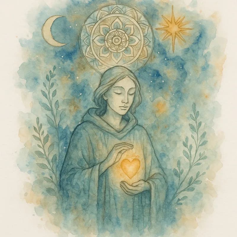 Jungian watercolor painting representing The Healer personality type - Learn about The Healer personality type (BIOAS). Discover traits, careers, and relationships of this empathetic, calm, and open-minded Big Five personality.