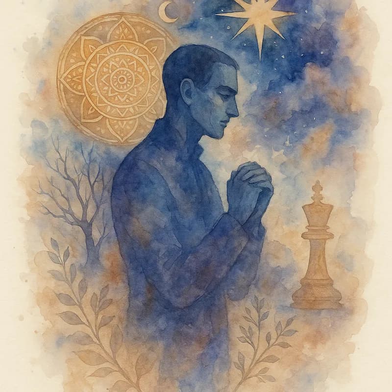 Jungian watercolor painting representing The Mastermind personality type - Discover The Mastermind personality type (BIOGD). Explore traits, careers, and relationships of this strategic, disciplined, and visionary Big Five personality.