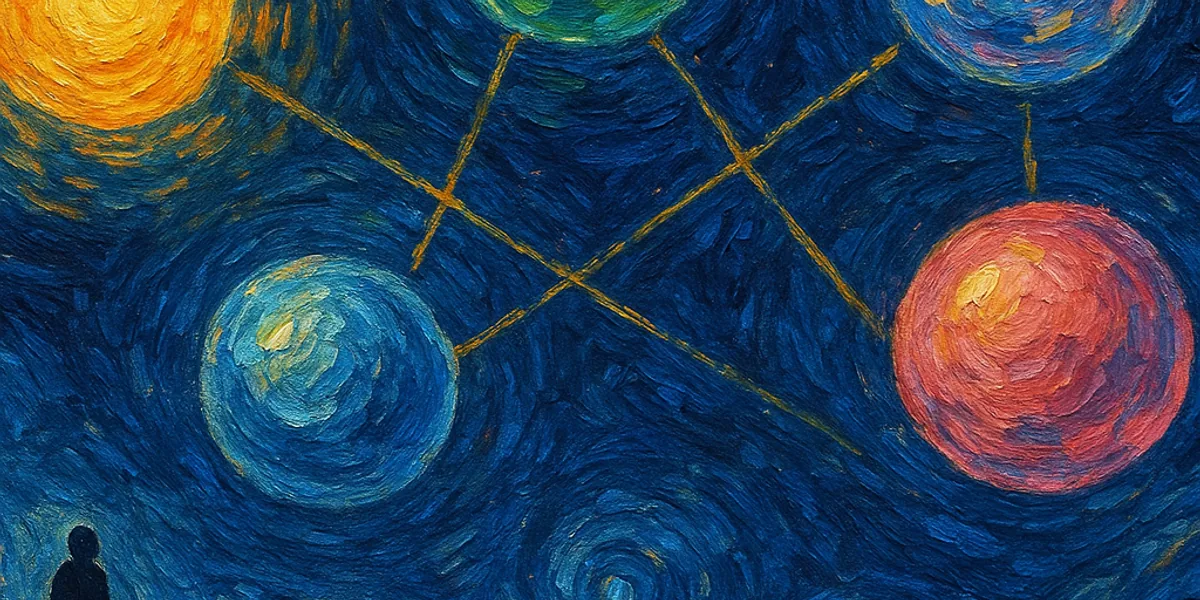 Five luminous celestial orbs representing the Big Five personality dimensions orbiting in a cosmic dance — Van Gogh watercolor style