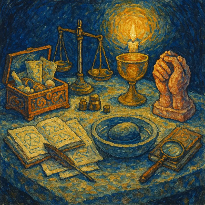 Van Gogh style painting of five ancient vessels representing the OCEAN personality dimensions in a scholar's candlelit study