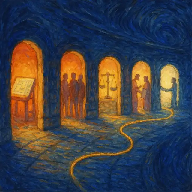 Van Gogh style painting of five illuminated doorways connected by a golden thread — representing the hiring workflow stages