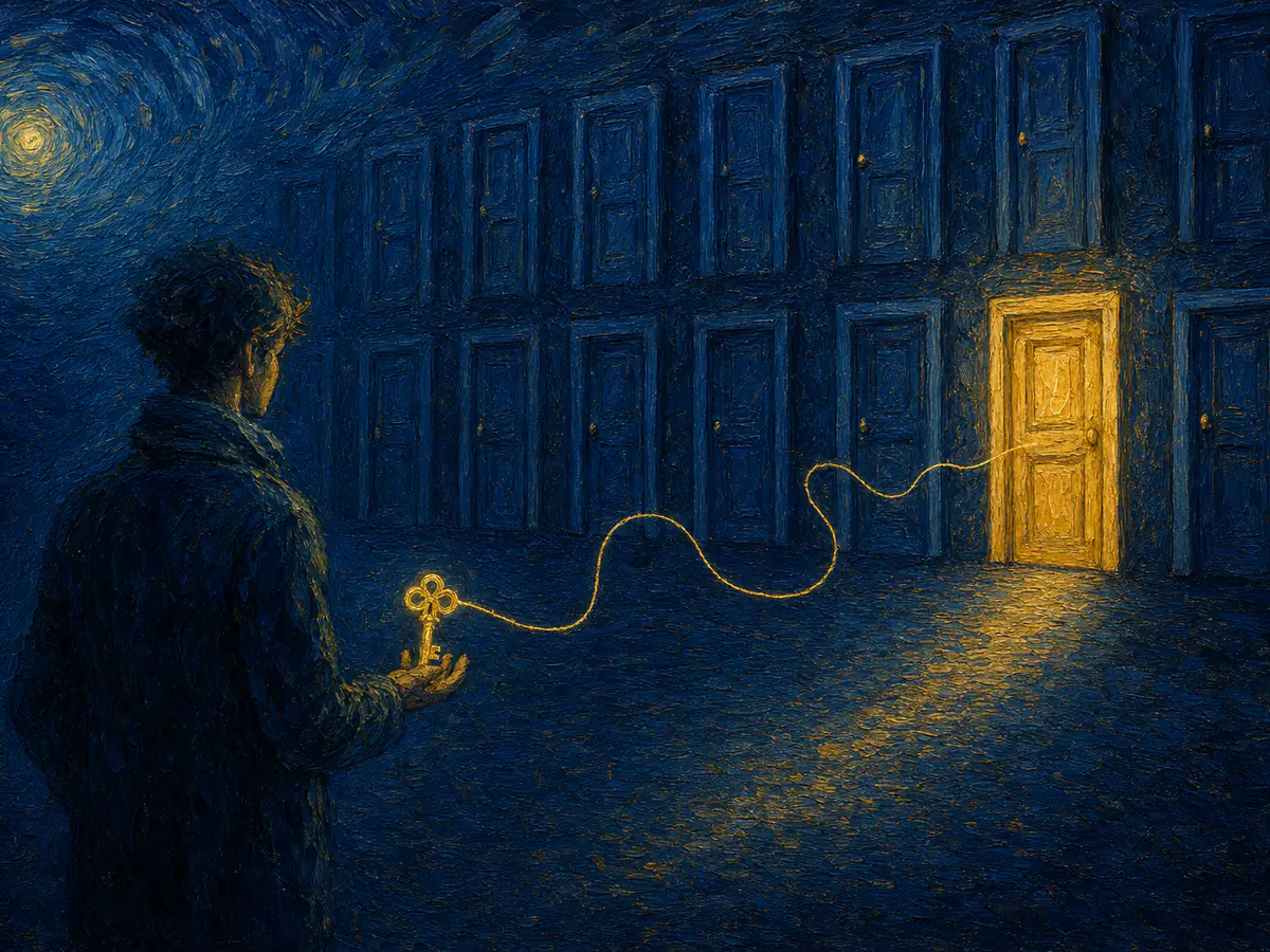 Painterly illustration of a golden thread linking a key to one of many doors, representing how to choose the right personality test for a specific hiring role
