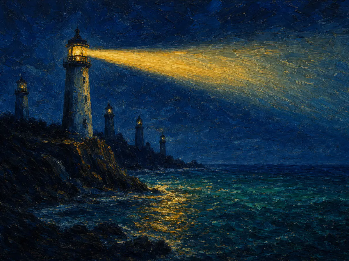 Navy post-impressionist painting of lighthouses with one casting a clear beam, symbolising the criteria for judging a hiring personality test
