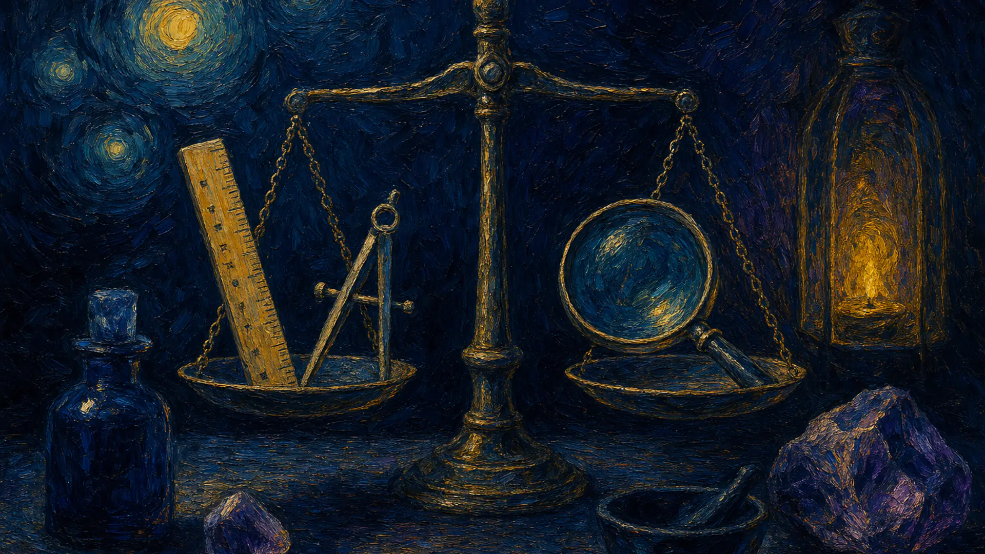 Painterly navy illustration of a balanced scale weighing different instruments, representing how to compare the best personality tests for hiring