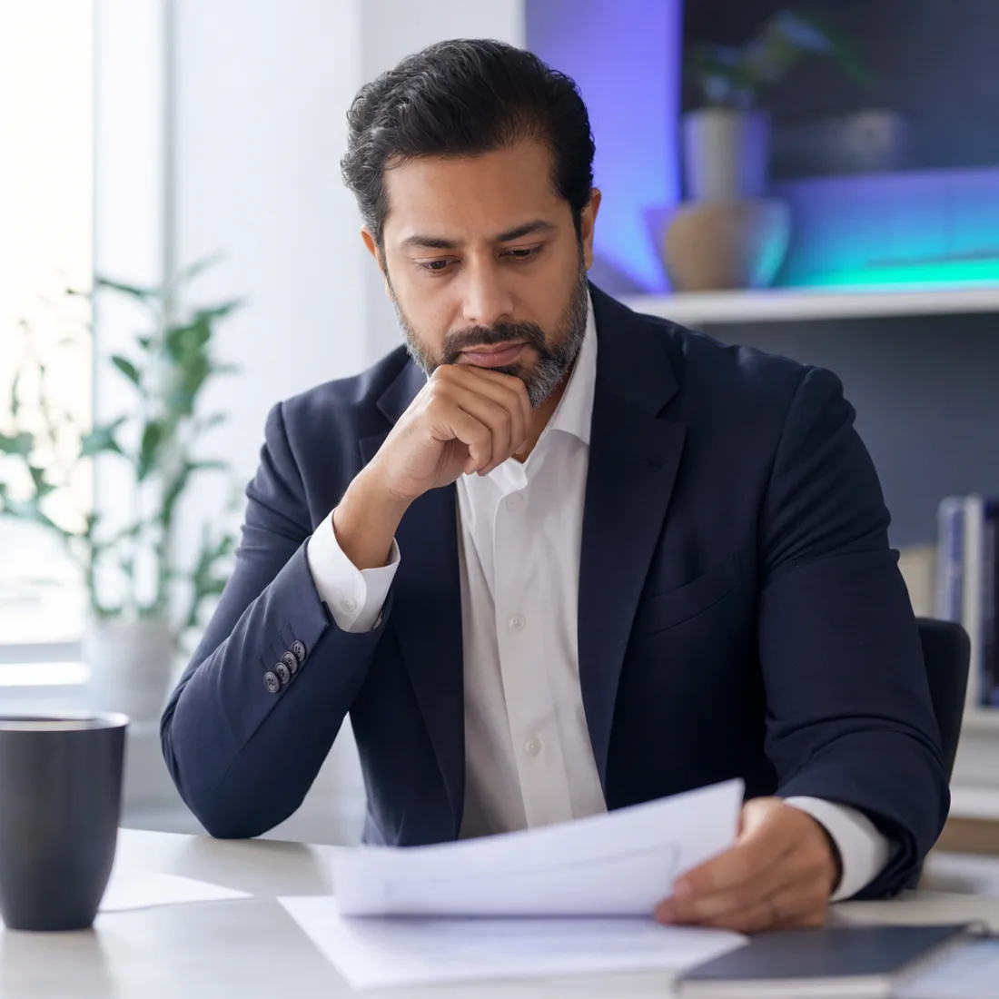 A hiring leader calmly weighing candidate options at a desk, making an evidence-based decision rather than a snap judgement.