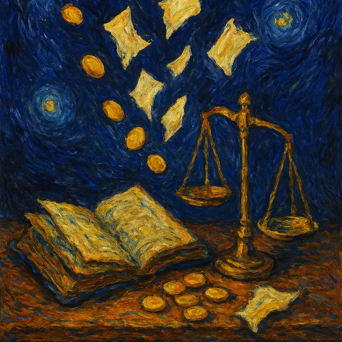 Weathered ledger and tilted scale with coins and torn pages drifting upward, visualising the hidden cost of hiring on intuition.