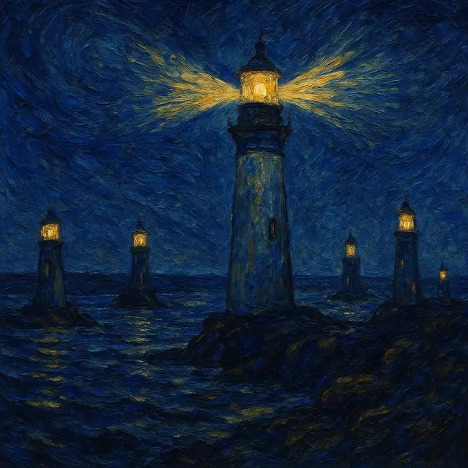 Six lighthouses on a dark coast at twilight, with one tall brilliantly-lit central tower, visualising Big Five validity among personality frameworks.