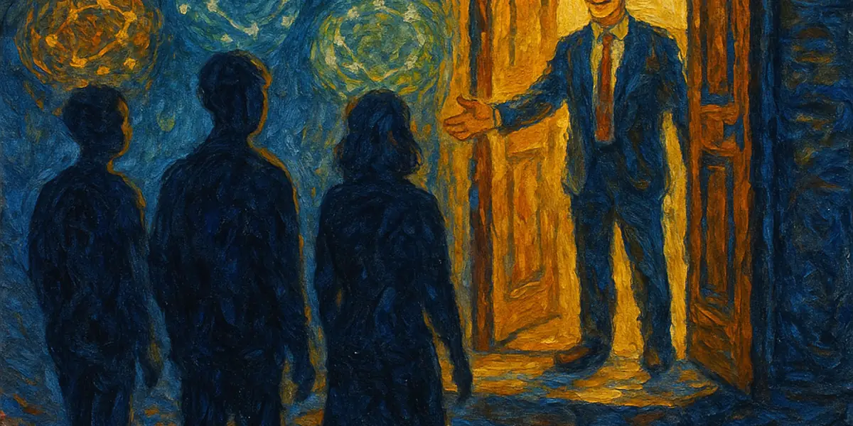 Personality assessment for hiring: a welcoming hiring manager in a doorway as candidates approach with trait constellations overhead, visualising clearer hiring decisions through validated personality data.