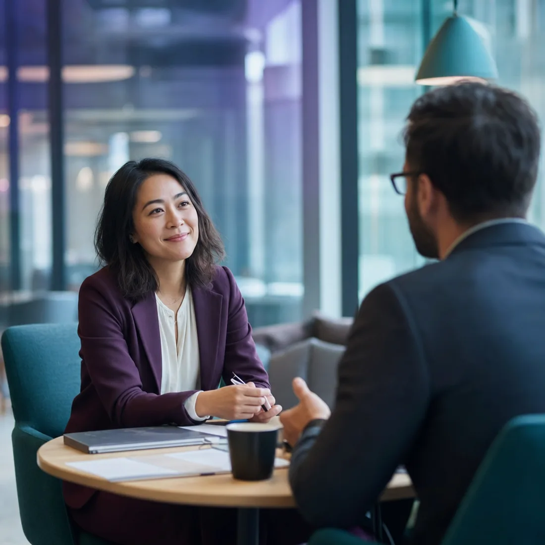 Two professionals having a warm, equal hiring conversation across a table — evidence-based hiring as a dialogue, not a gate.