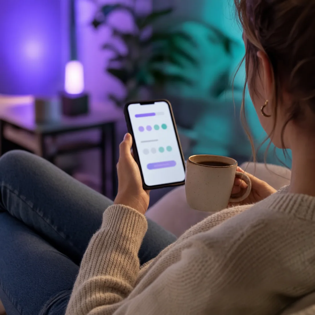 A relaxed candidate completing a short personality questionnaire on their phone with a coffee — low-pressure, mobile-first, no account required.