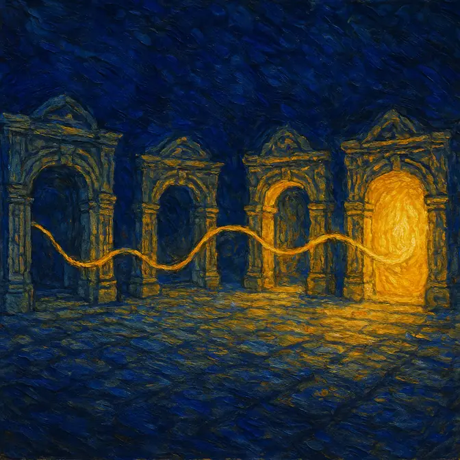 Four glowing stone doorways joined by a continuous golden thread, visualising the JD-to-onboarding workflow for hiring assessments.
