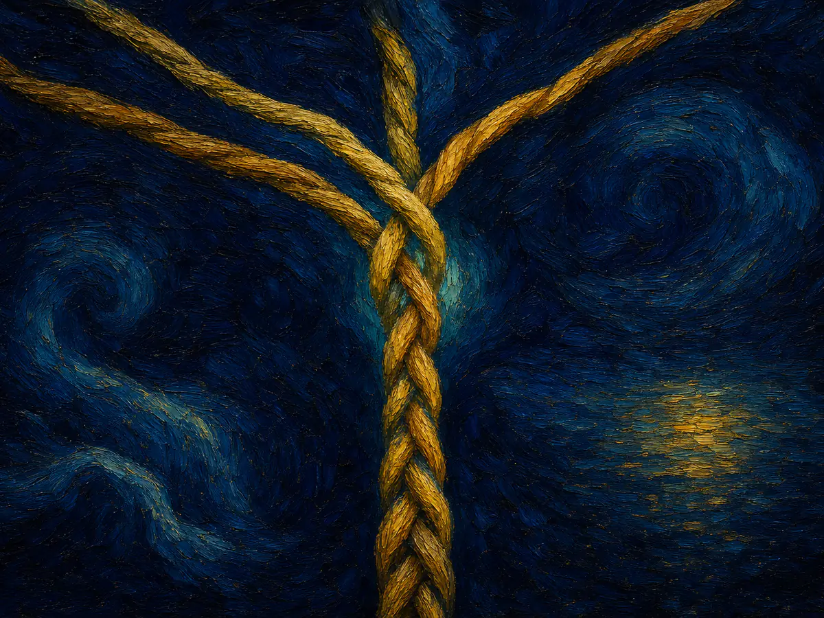 Painterly navy illustration of distinct golden threads braiding into one cord, symbolising combining hiring assessments for non-overlapping signal