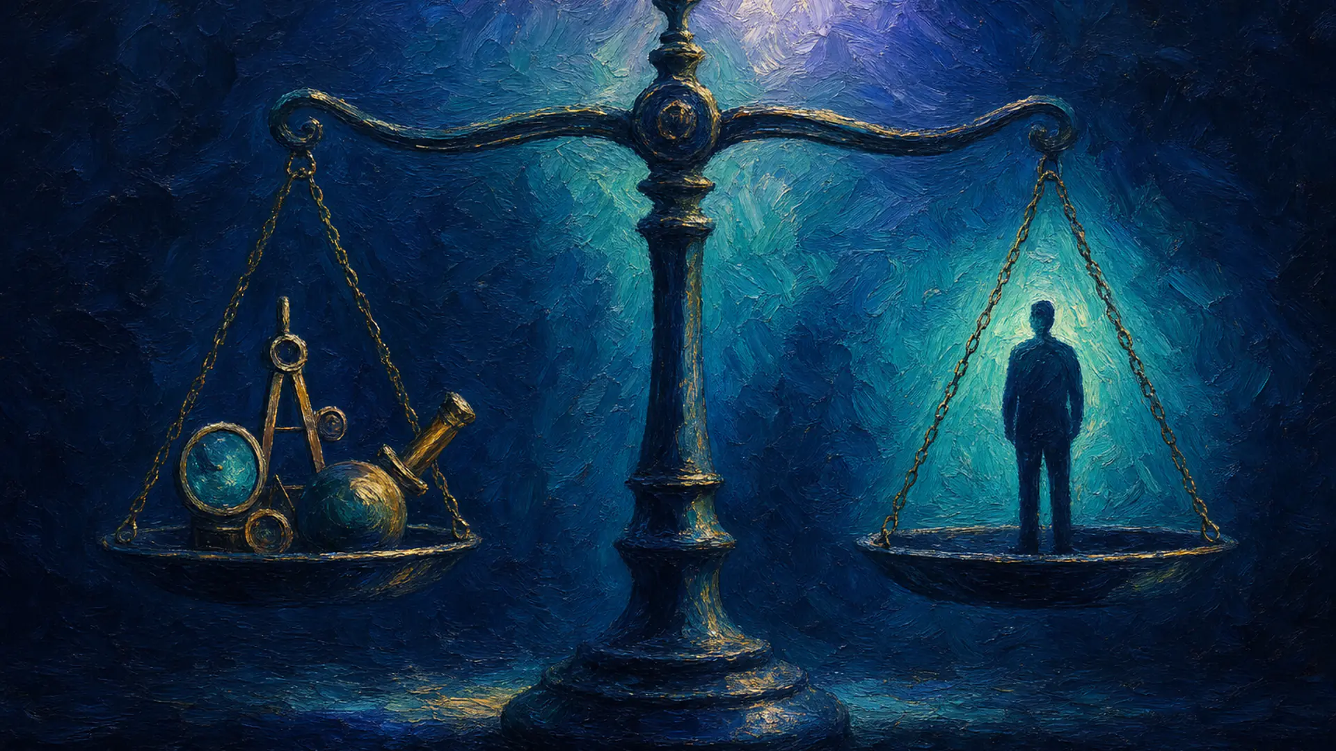 Painterly navy illustration of a balanced scale weighing different hiring signals, symbolising a fair pre-employment assessment