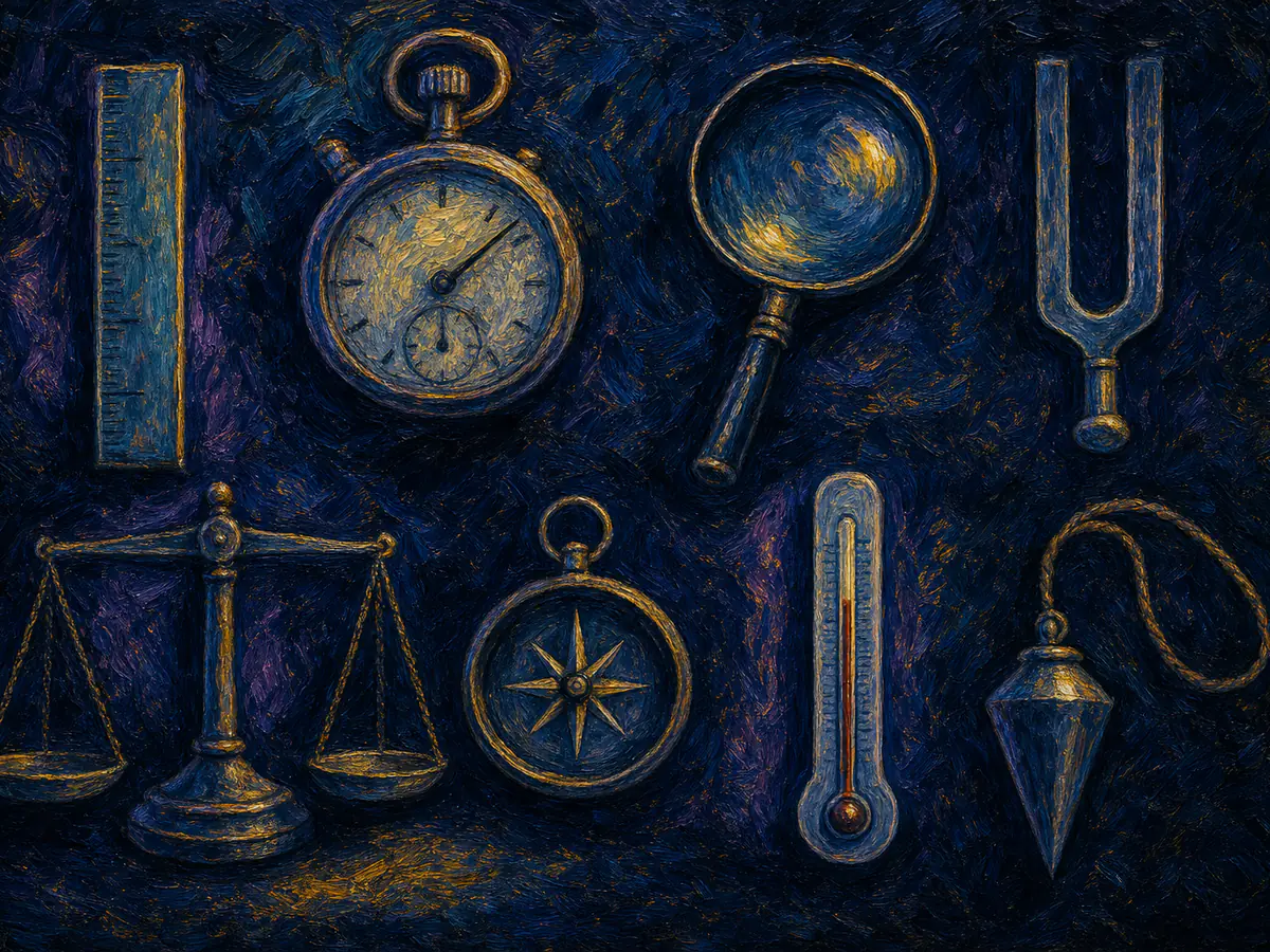 Painterly navy illustration of eight different measuring instruments, representing the eight types of pre-employment assessments