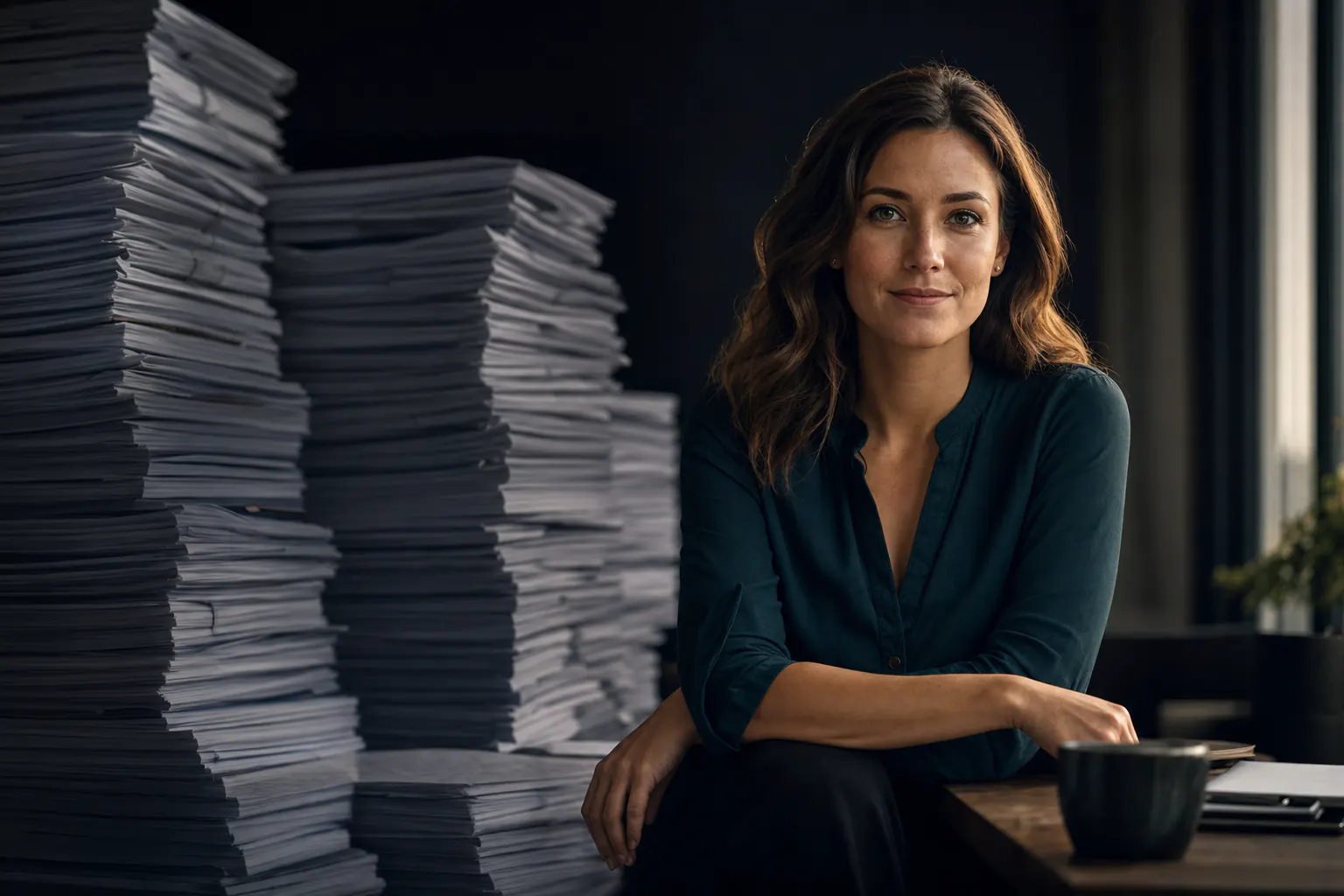 A towering stack of identical printed resumes beside one real person in warm light.