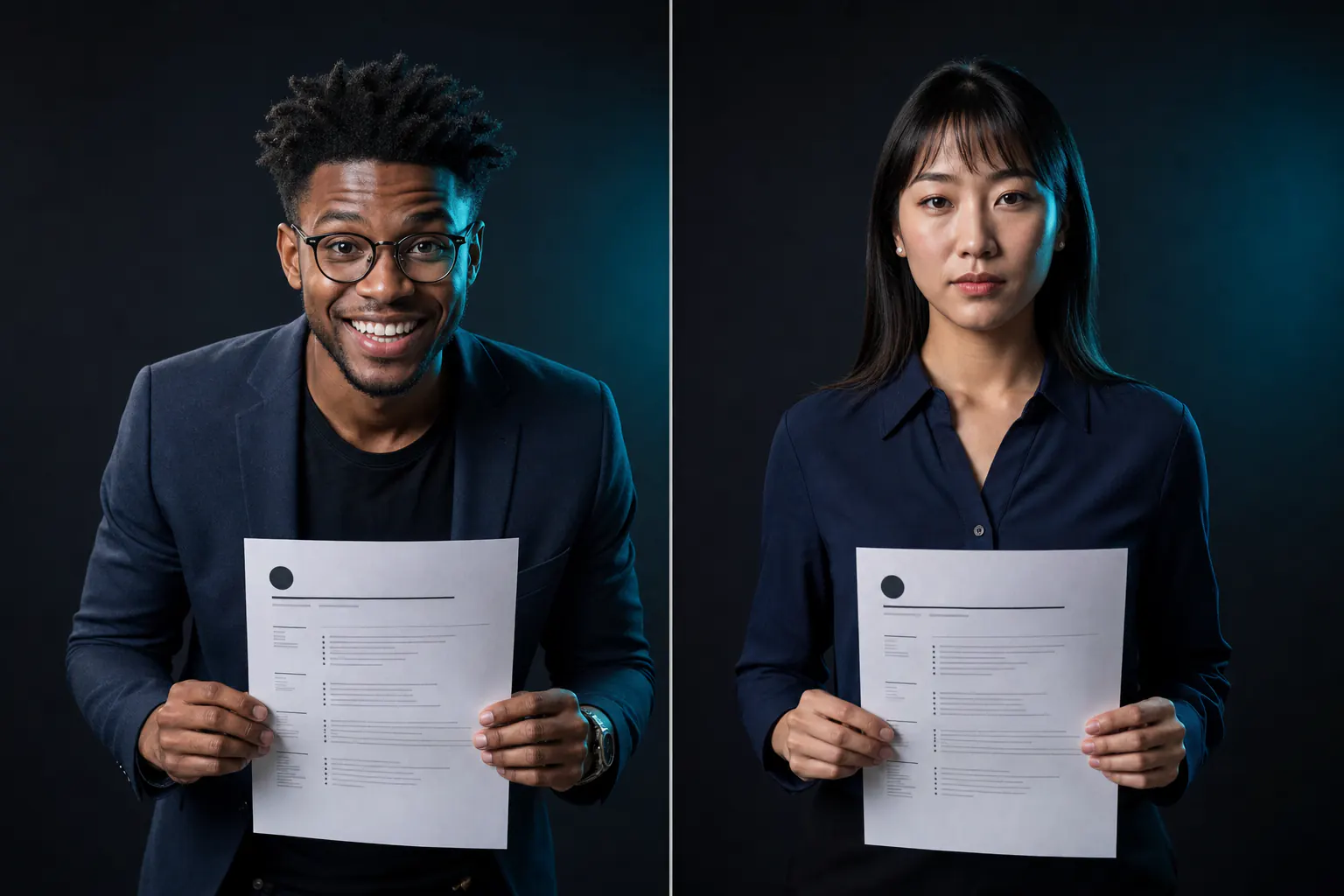 Two visibly different people each holding an identical printed resume.