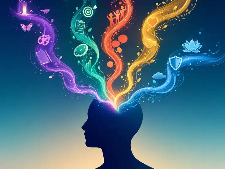Editorial illustration of the Big Five personality traits — Openness, Conscientiousness, Extraversion, Agreeableness, Emotional Stability — depicted as five luminous trait ribbons spilling from the mind of an abstract silhouette