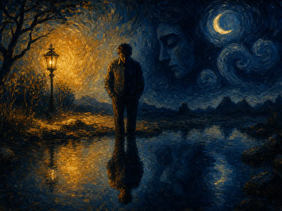Watercolour figure half in lamplight, half in shadow, looking at their reflection in dark water, in Jungian self-knowledge style
