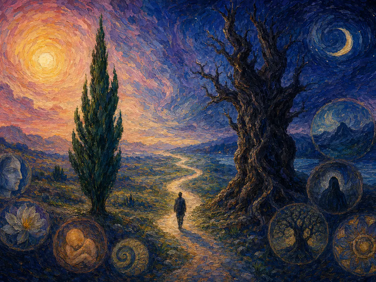 Watercolour path winding between a young cypress and an ancient cypress, in Jungian illustration of personality change across a lifetime