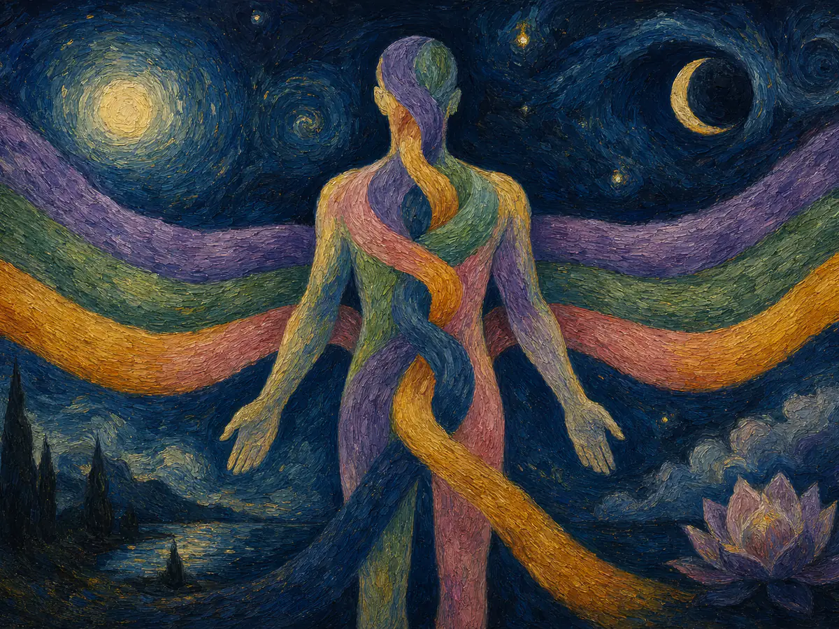 Watercolour figure with five coloured trait streams threading through them, in Jungian Big Five style