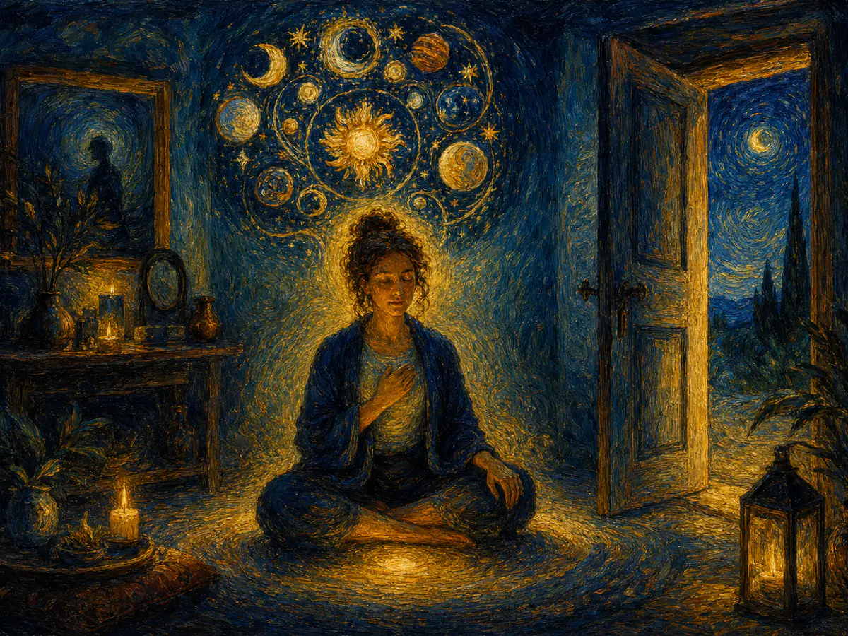 Watercolour figure seated in a softly glowing room with the door visibly ajar, in Jungian illustration of consent and care in personality assessment