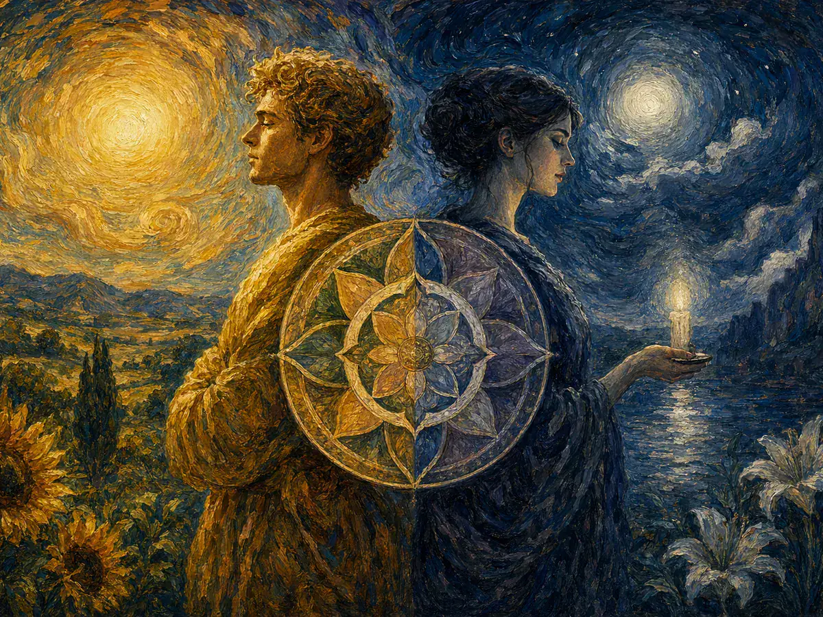 Two figures back-to-back illustrating the both-poles-as-strengths principle