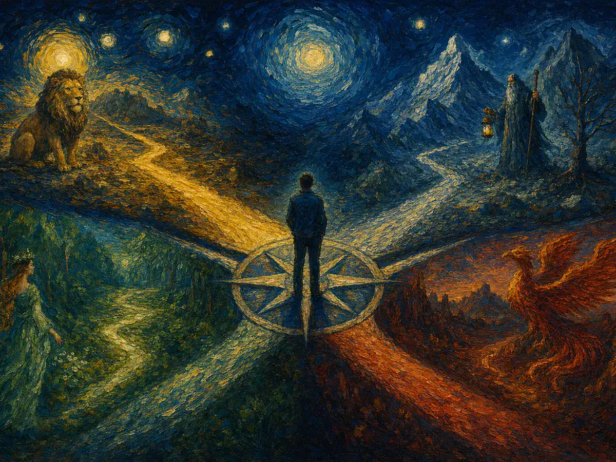 Figure at the centre of a four-path compass rose