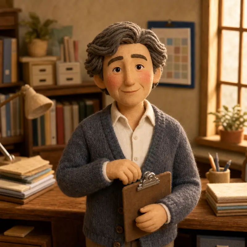 ESTJ personality type — a calm, capable figure in a grey cardigan holding a clipboard at an organised desk, in handcrafted claymation style