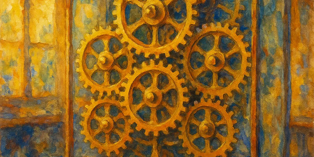 MBTI cognitive functions — eight interlocking golden gears in a sunlit workshop