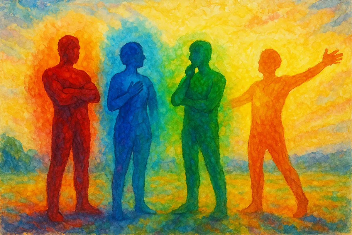 Four radiant figures glowing with red, blue, green, and yellow auras — a vibrant watercolor painting representing the four colour personality types
