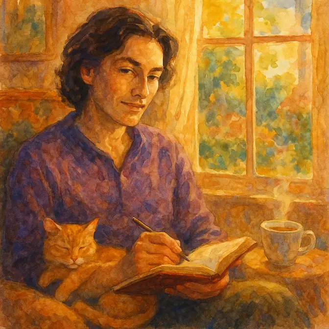 INFJ personality type — a contemplative figure writing in a journal by candlelight, Van Gogh watercolour style