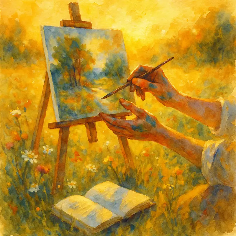INFP personality type — a watercolour painting in progress in a sunlit meadow