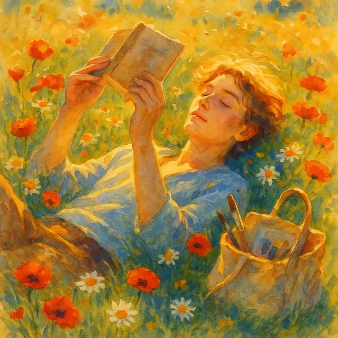 INFP personality type — a dreamy figure reading in a field of wildflowers, Van Gogh watercolour style