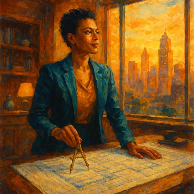 INTJ personality type — a strategic thinker studying architectural blueprints in Van Gogh watercolour style