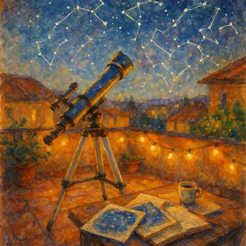 INTP personality type — a telescope and star charts on a rooftop terrace