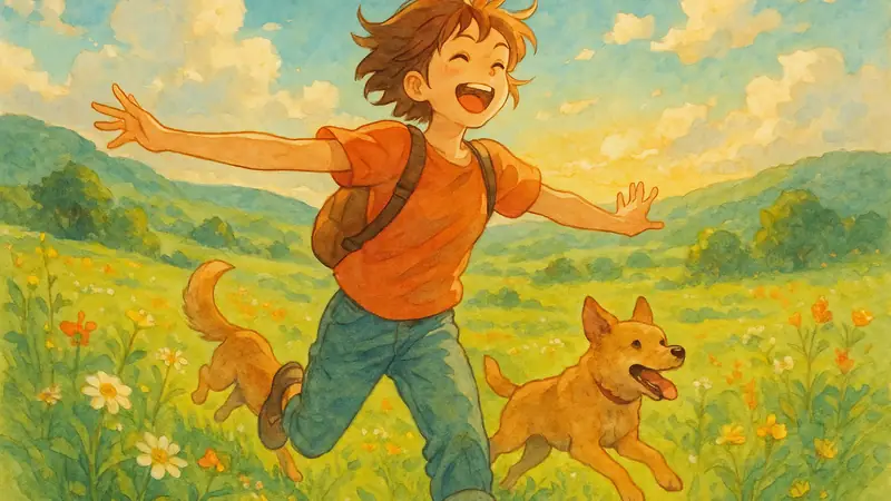 An active extrovert running joyfully through a sunlit meadow with a dog, pure kinetic energy, hand-painted anime style