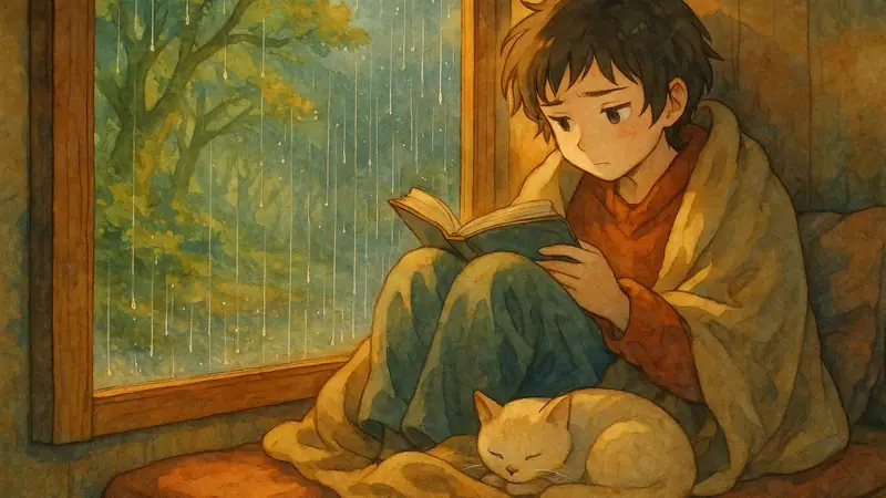 An anxious introvert finding comfort reading alone in a cosy corner with soft lighting